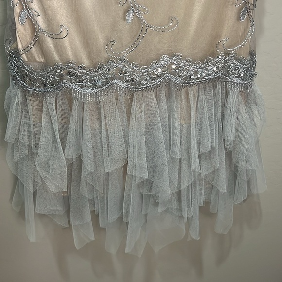 Embroidered Dress Mini Gown Beige Silver Tulle Formal Dance Homecoming Hoco - Picture 7 of 12